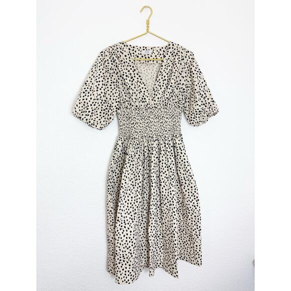 AYR The Extra Extra Smocked Midi Dress Size Medium Spot Animal Print Puff Sleeve - Picture 3 of 14